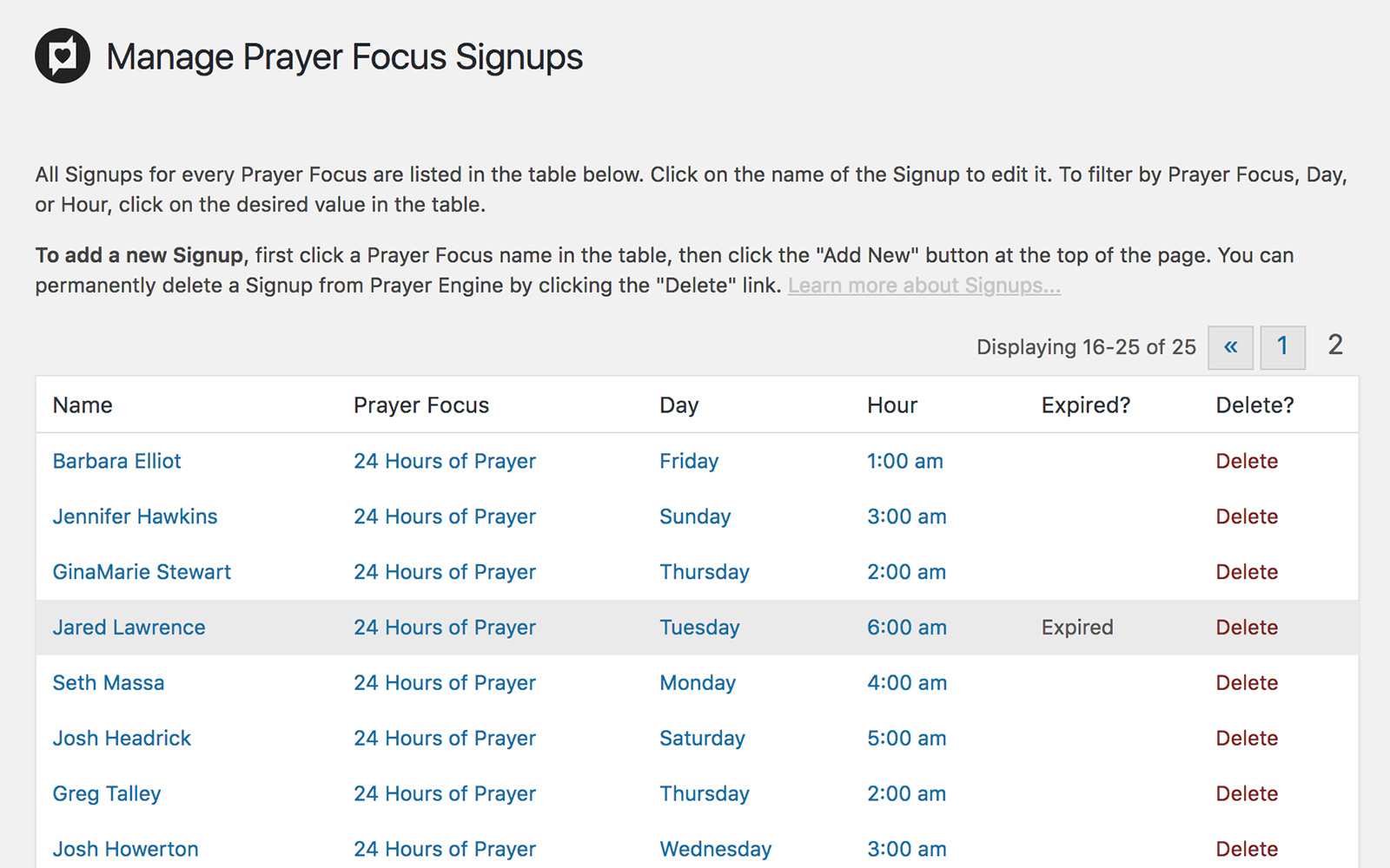 Prayer Engine Prayer Focus Signups